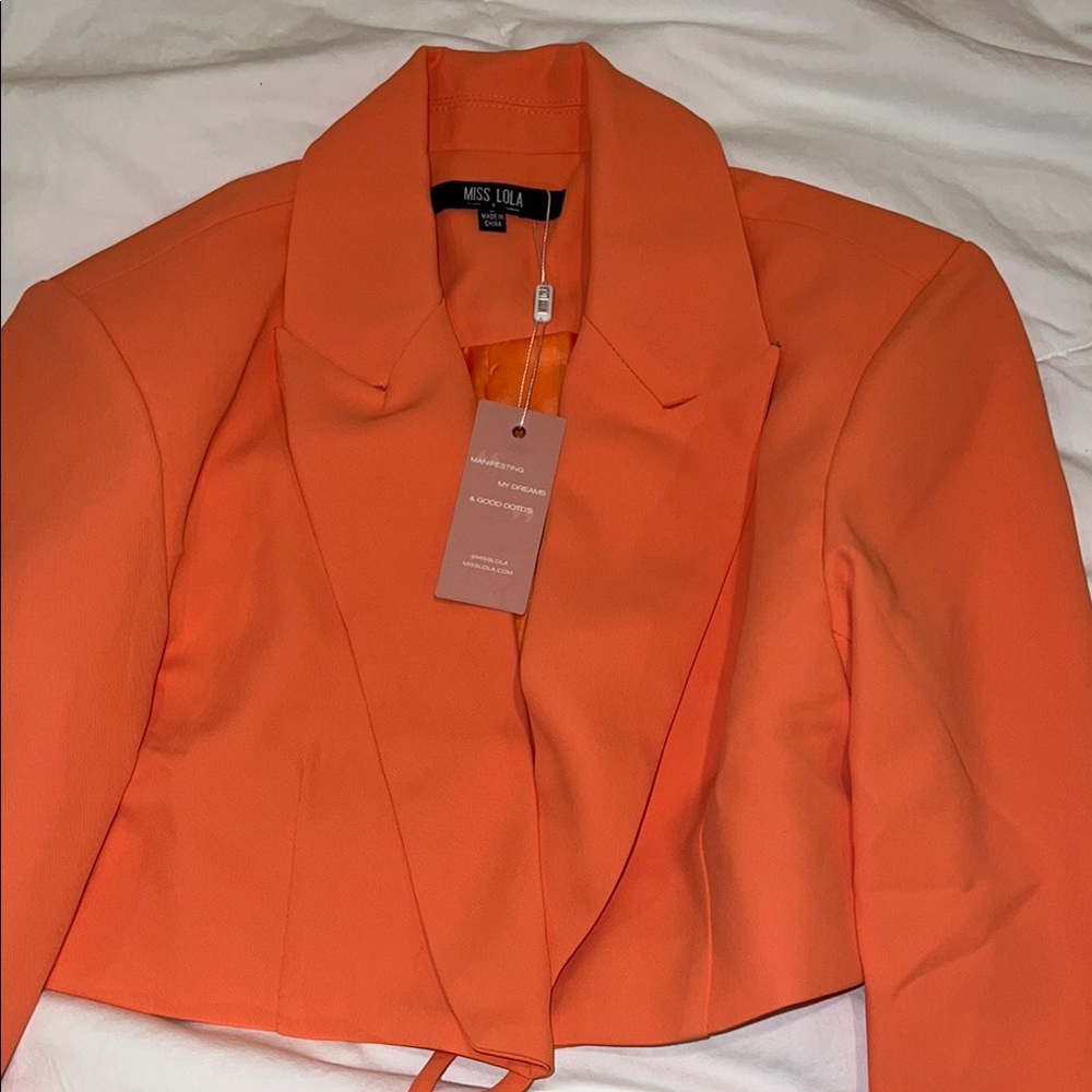 Miss Lola Orange Cropped Blazer with Notched Lapel